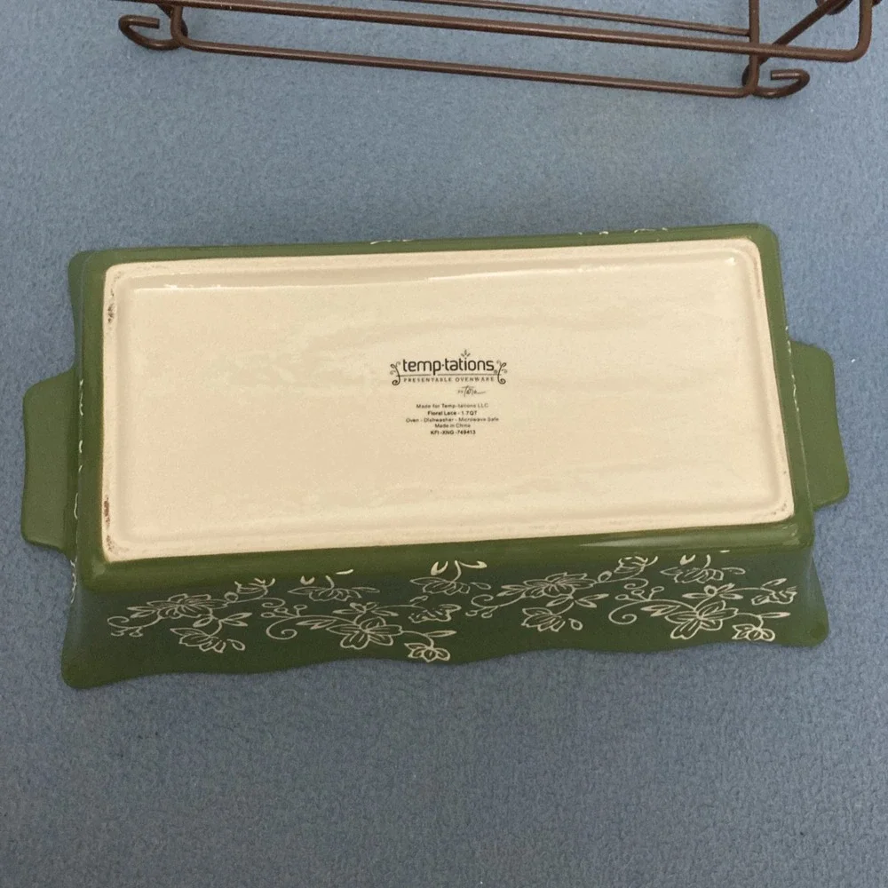 Temp-tations by Tara Floral Lace Green 1.7 Qt Loaf Pan w/Drip Tray & Wire Holder